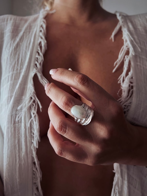 Pearl Ring,pearl statement ring, melting silver ring, white pearl silver ring, organic silver thick ring, chunky band rind , natural pearl