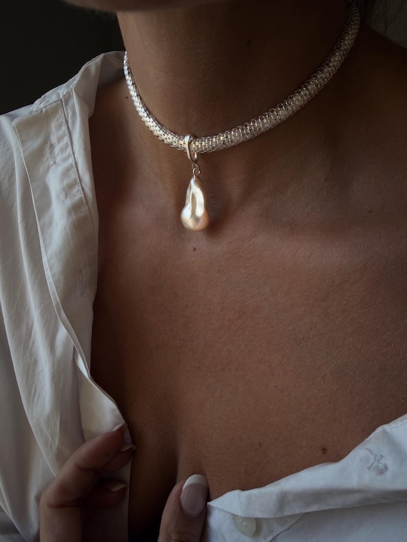 Choker necklace sterling silver 925 with baroque pearl