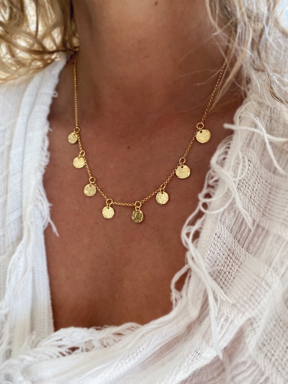 Coin necklace,gold disc necklace,gold coin necklace,gold plated silver necklace,boho necklace,multi coins necklace,hammered discs necklace