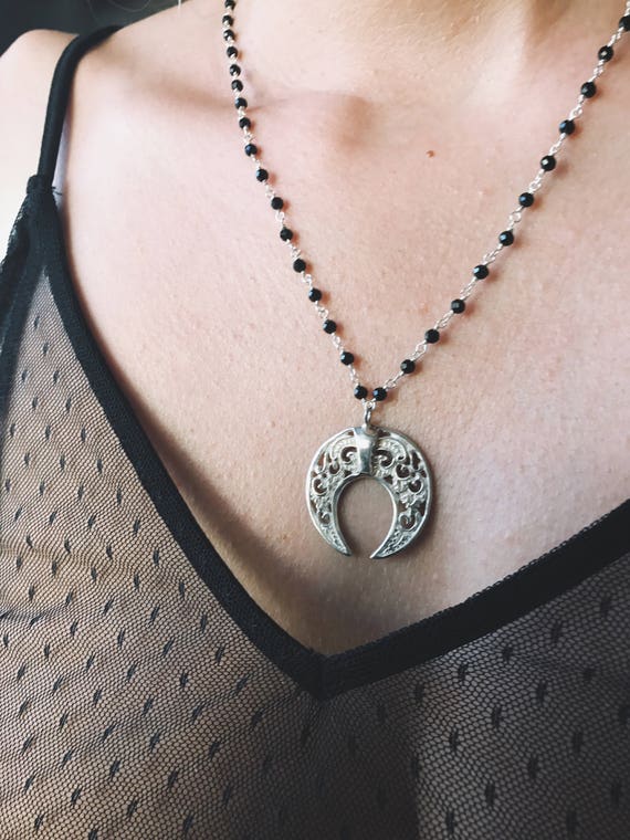 Sterling Silver pendant,double horn necklace,silver lacy necklace,blue neclace,black necklace,moon necklace,jade necklace,silver 925,tribal