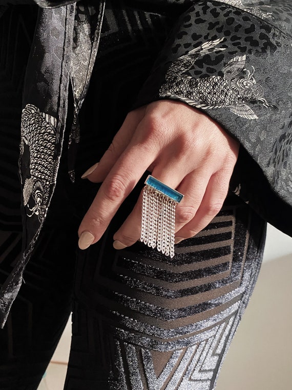 Silver ring chains fringes,sterling silver ring,apatite ring,cocktail ring,statement ring, chain ring,edgy ring,quartz ring