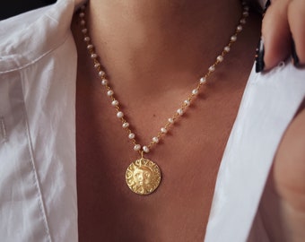 Pearls necklace, gold coin pendant, gold sun necklace, round pendant necklace, pearl rosary necklace,real pearl necklace,natural pearls