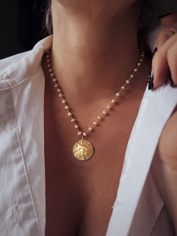 Pearls necklace, gold coin pendant, gold sun necklace, round pendant necklace, pearl rosary necklace,real pearl necklace,natural pearls