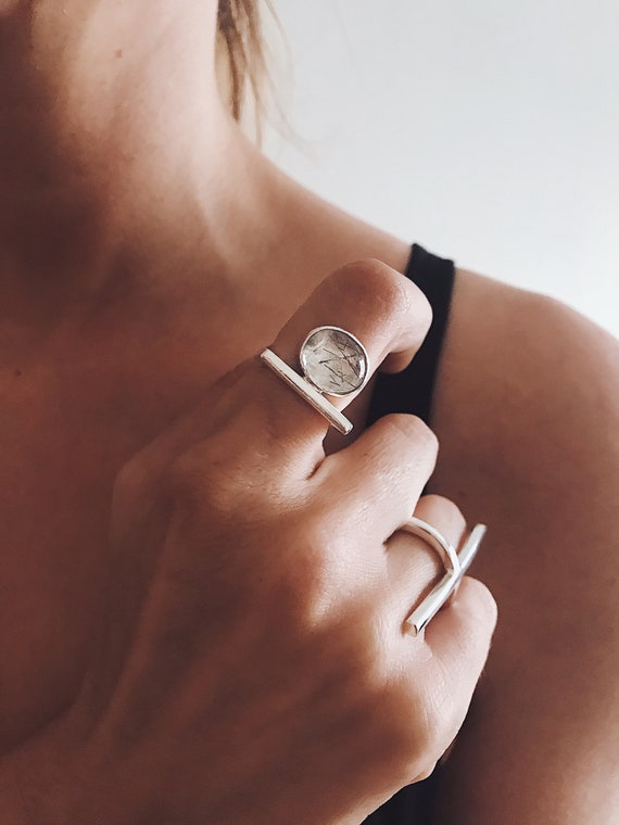 Rutiled Quartz right,Sterling silver ring,oval quartz ring,tourmaline quartz ring,minimalistic ring,stacking ring,tourmalined quartz ring