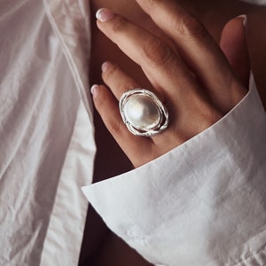 Pearl ring, natural pearl ring, statement sterling silver ring , melting silver ring