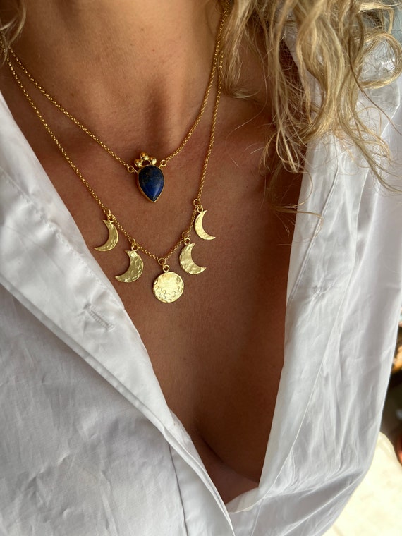 Blue necklace,sterling silver necklace,lapis lazuli necklace,lapis necklace,gold necklace,gold pendant,blue stone necklace