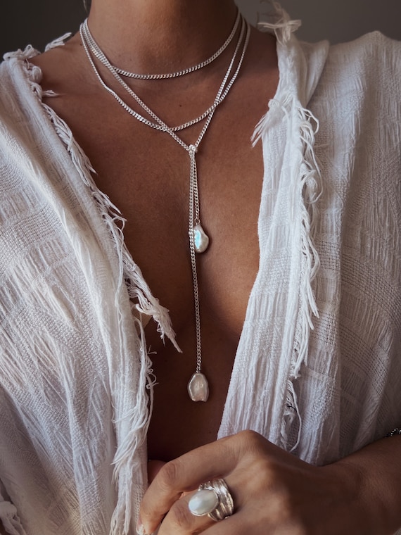 Baroque pearl long silver chain necklace