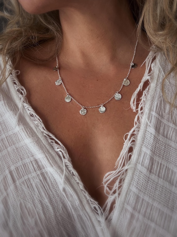 Hammered Sterling Silver Coin Necklace - Layering Necklace