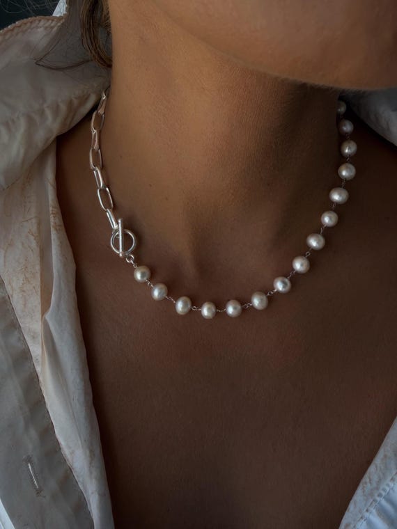 Natural Pearl Toggle Necklace : Handmade Solid Silver Statement Jewelry for Women