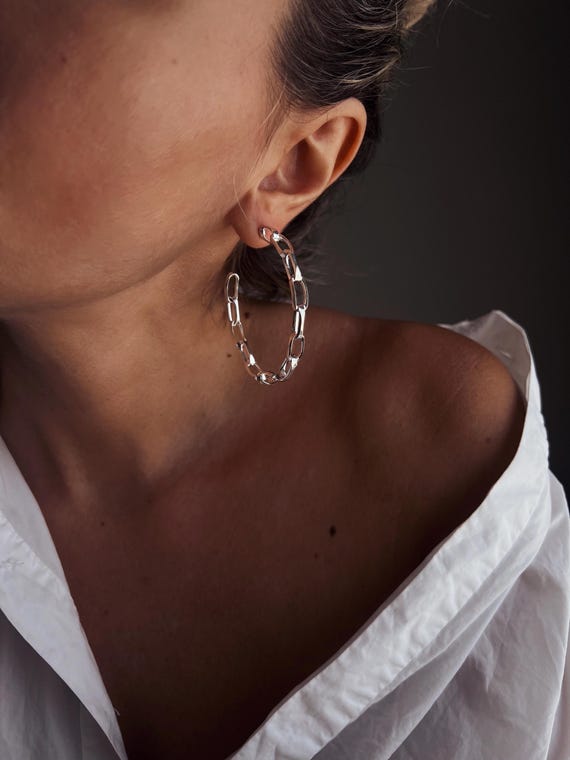 Silver hoops,big hoops earrings,silver chain hoops earrings,silver chain earrings,silver link earrings,statement earrings,boho earrings