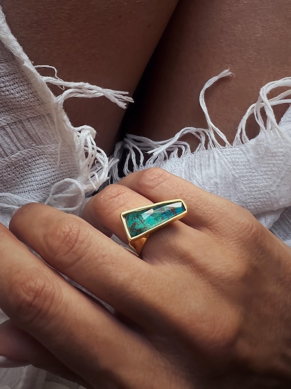 Gold Gemstone Ring: Sterling Silver, Chrysocolla & Quartz