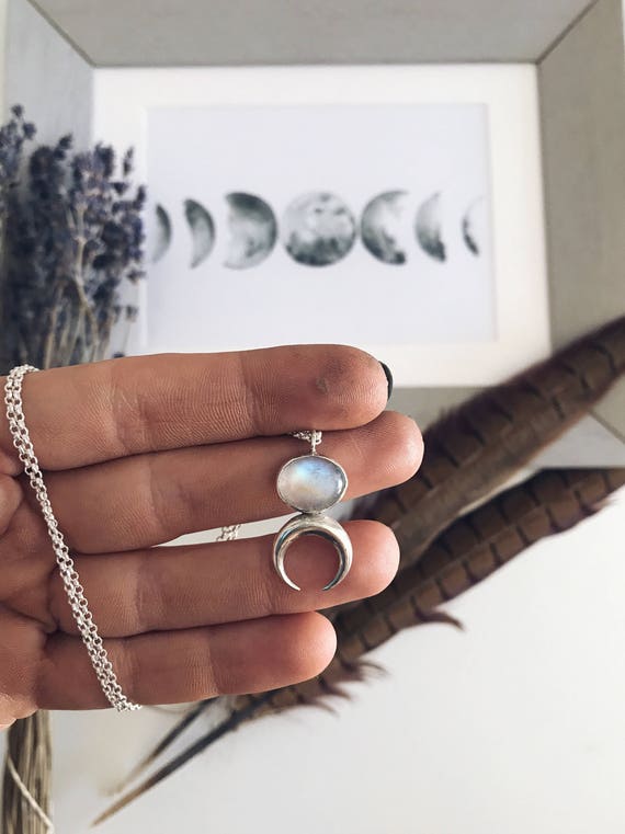 Silver moon pendant,rainbow moonstone pendant,crescent moon,wiccan pendant,labradorite pendant,crystal pendant,sterling silver pendant