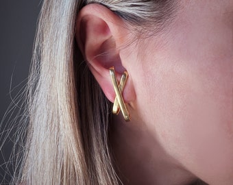 Sterling silver earring,gold ear cuff,gold studs earring,earrings,edgy earrings,contemporary earrings,cross earring,suspender earrings