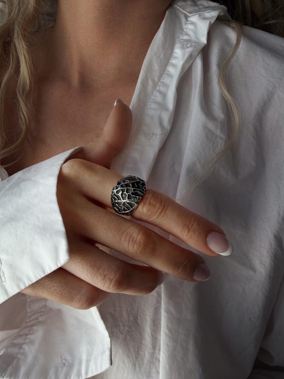 Silver bold ring with organic web texture and patina