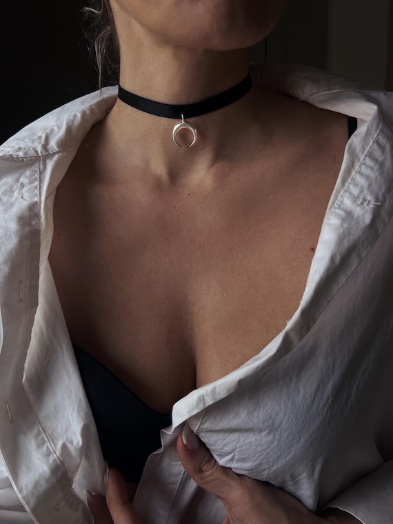 Sterling Silver Moon Choker: Black Velvet Ribbon Necklace