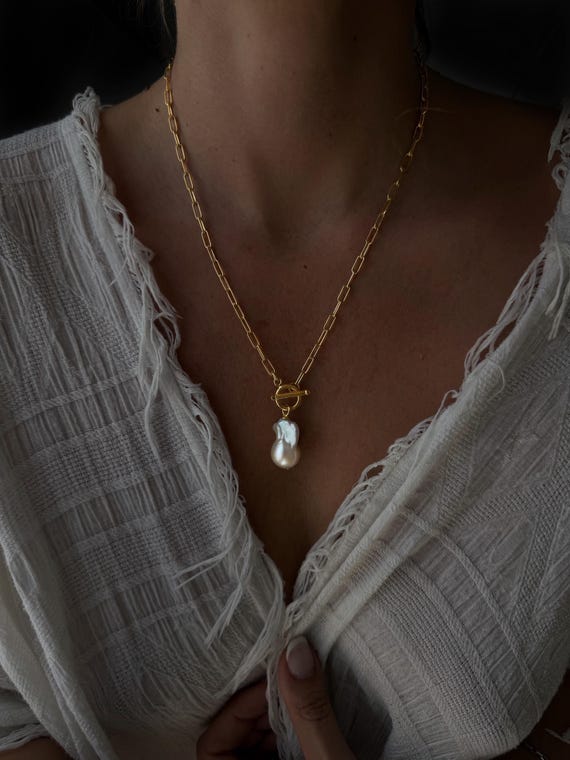 Baroque Pearl Necklace: Gold filled Sterling Silver Paperclip Chain with Toggle Clasp