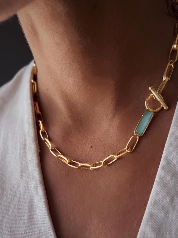 Gold Paperclip Link Chain Necklace: Emerald Gemstone, 18K Gold Filled