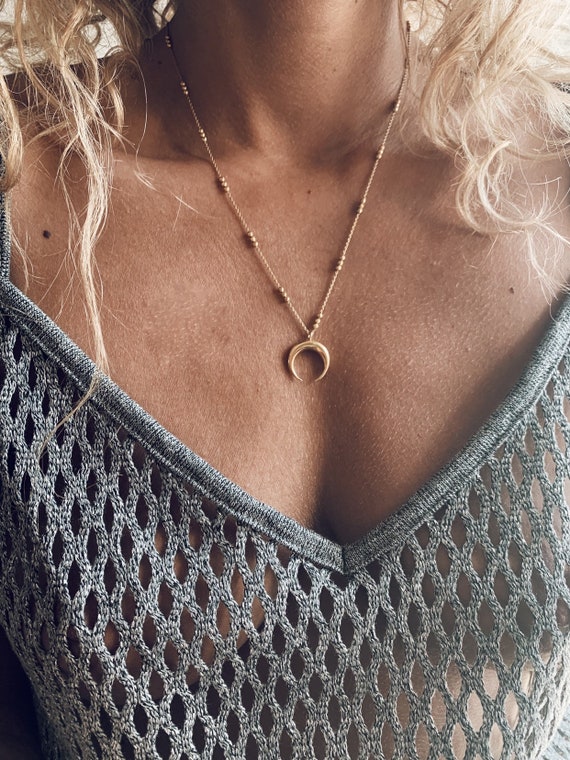 Gold moon necklace,sterling silver moon,gold layered necklace,gold horn necklace,crescent moon necklace,moon phase necklace,boho gold neckla