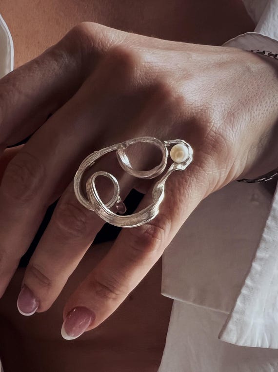 Statement silver ring abstract with white pearl