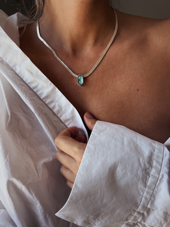 Silver Herringbone chain aqua marine pendant, gold flat snake chain , aqua marine  necklace , silver snake chain