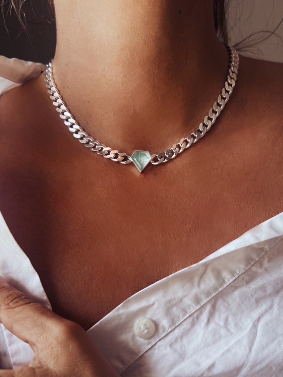 Aquamarine Crystal choker,diamond choker, chain necklace,morganite necklace,aquamarine necklace,Rubin necklace,apatite necklace,bold chain