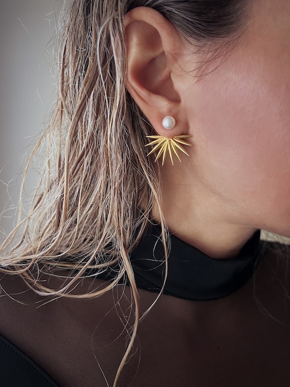 Studs pearl earrings gold filled solid silver tropical leafs ear cuffs