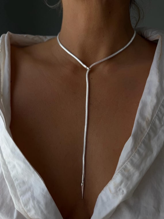 Long silver Lariat Necklace: Gold filled snake Chain