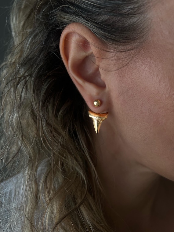 Sterling Silver Shark Tooth Ear Jacket Stud Earrings