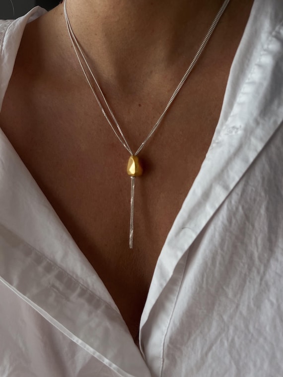 Tassel Sterling Silver Multiple Chains Necklace with geometric ornament