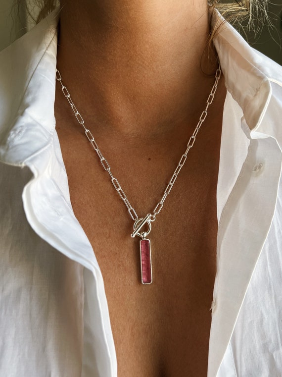 Pink tourmaline t bar chain necklace, paperclip necklace with crystal pendant