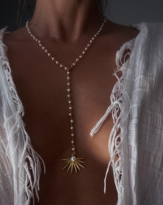 Gold filled silver Lariat pearl rosary Necklace with tropical leaf charm