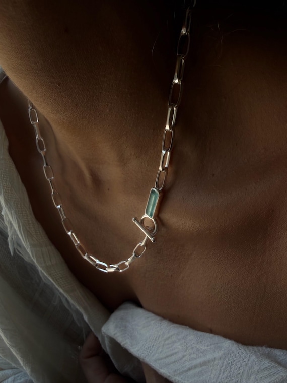 Sterling Silver 925 necklace with aquamarine : T-Bar clasp paperclip Chain
