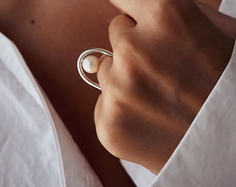 silver  Pearl Ring: Handmade Minimalist Jewelry