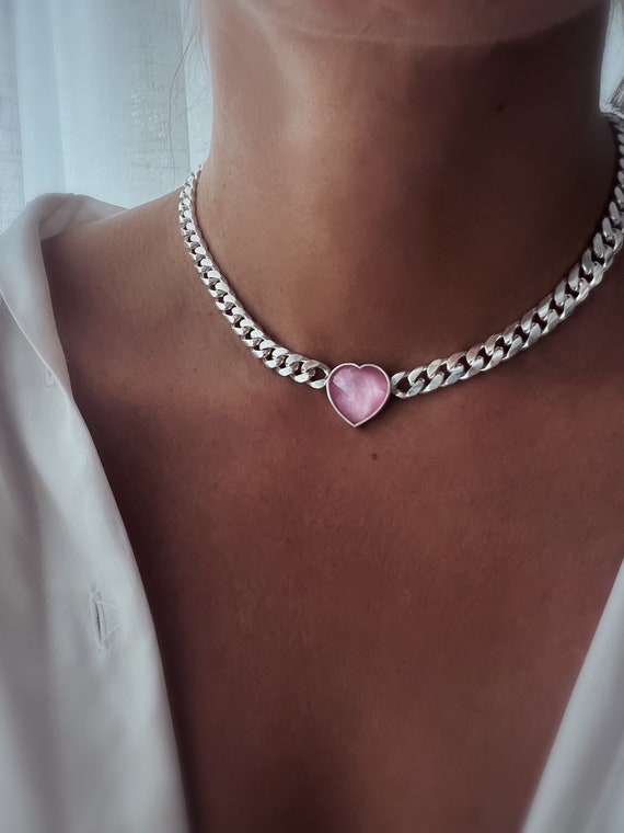 Heart necklace, heart choker, pink heart necklace, tourmaline heart necklace, Cuban chain necklace