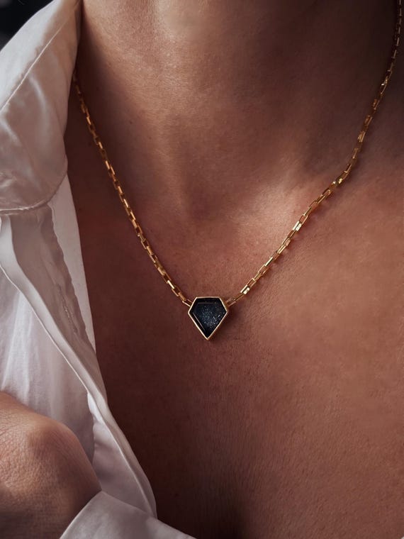 Gold filled solid silver chain necklace with Black Diamond shape crystal stone  Tourmaline, Aquamarine