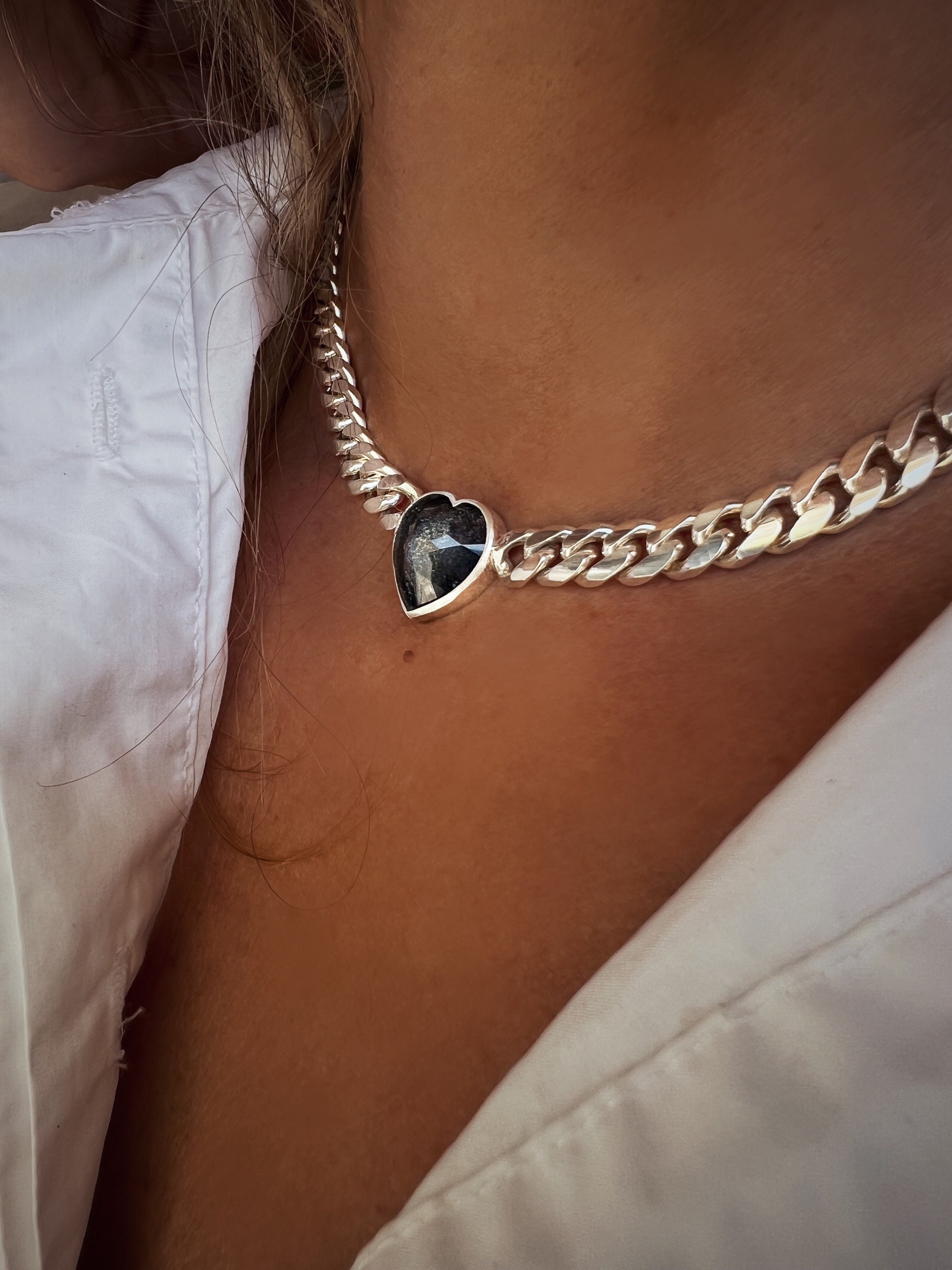 Collana Girocollo Cuore Con Strass Nero | Catena Cubana Spessa | Gioielli Donne Diamanti CZ