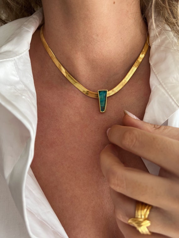 Gold Herringbone chain chrysocolla crystal pendant, gold flat snake chain