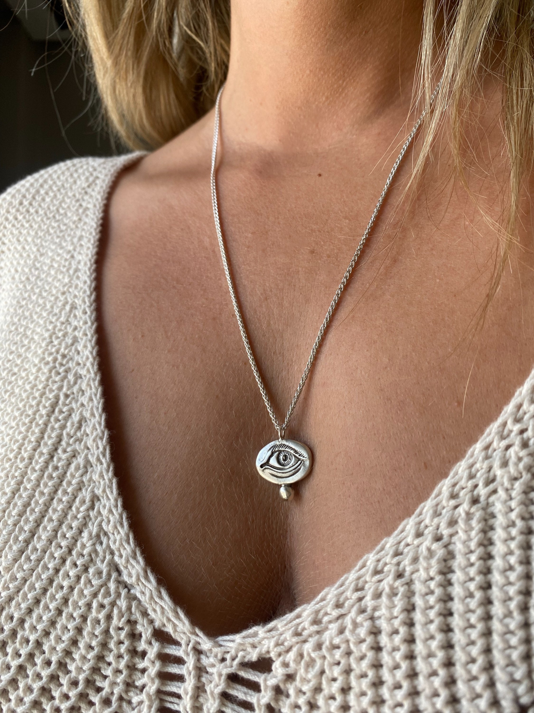 Silver eye necklace,silver eye pendant,Horn necklace,Sterling silver