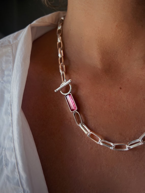 T bar chain necklace with crystals, silver paperclip necklace, emerald green necklace , deep blue necklace, tourmaline necklace