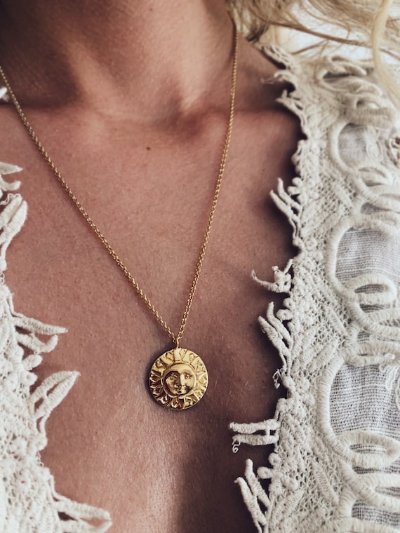 Gold sun necklace,sun necklace,round pendant, sun pendant