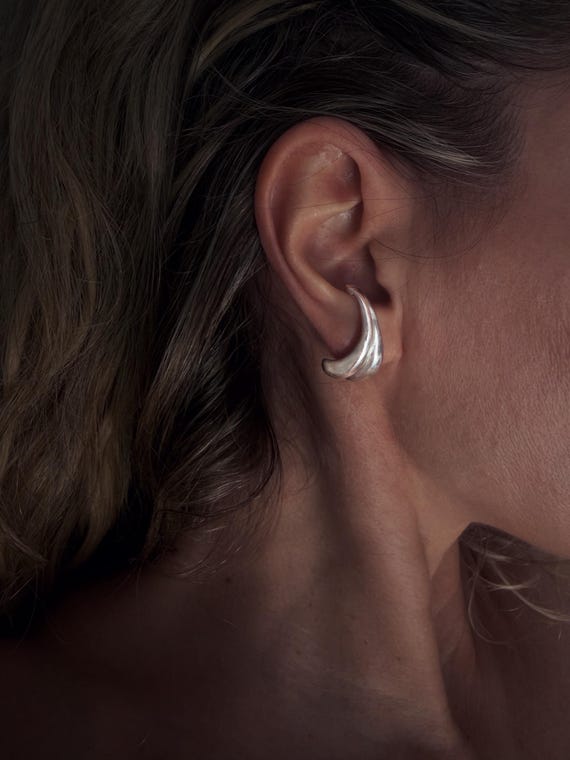 Sterling silver 925 curvy sculptural earrings suspenders , pair ear cuffs for piercing ears