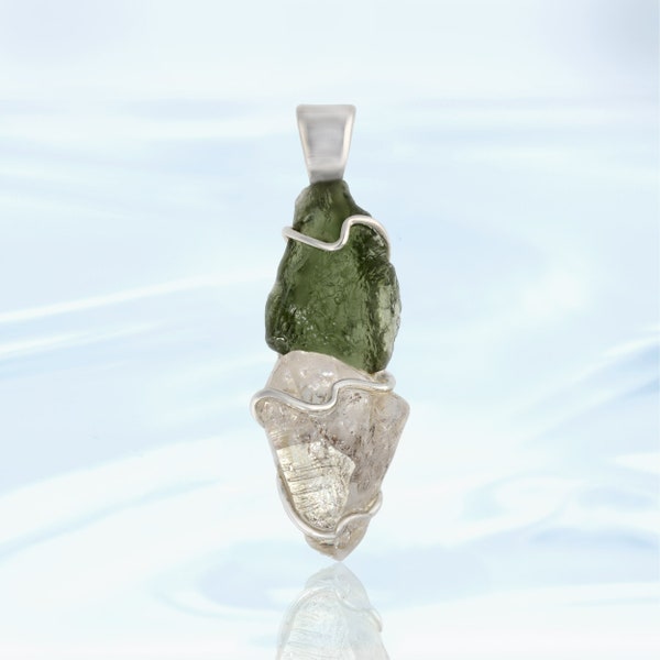 Raw Moldavite & Quartz Silver Pendant