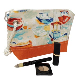Cosmetic bag, Orange Boats over Sunbrella® fabric, Wristlet Purse, Zippered Pouch, Gifts for Sailors, Women Who Sail, Made in the USA!