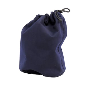 May include: A dark blue drawstring bag made of fabric. The bag is empty and has a simple design.