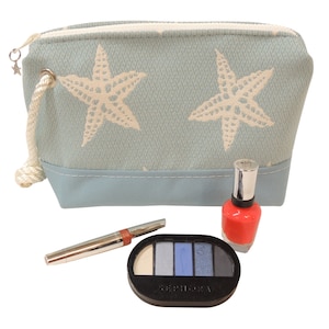 Cosmetic Bag, Blue Woven Starfish Fabric, Clear Vinyl Lined, Wristlet, Makeup Bag, Gifts for Sailors, Women Who Sail, Made in the USA!