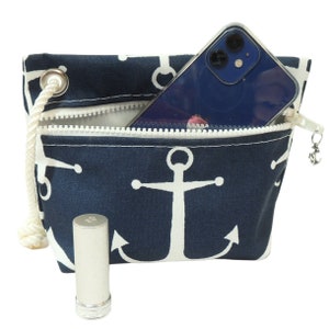 Wristlet Purse, New Anchors on Navy, Sailcloth Lined, Small Makeup Bag, Gifts for Girls, Gifts for Sailors, Boat Purse, Made in the USA