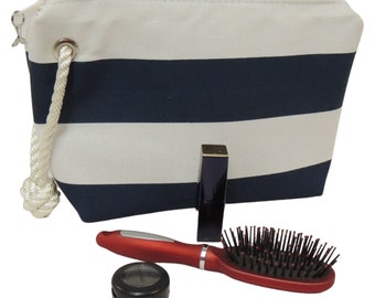 Cosmetic Bag, Navy and White Stripes, Nautical, Clear Vinyl Lined, Wristlet, Makeup Bag, Gifts for Sailors, Women Who Sail, Made in the USA!