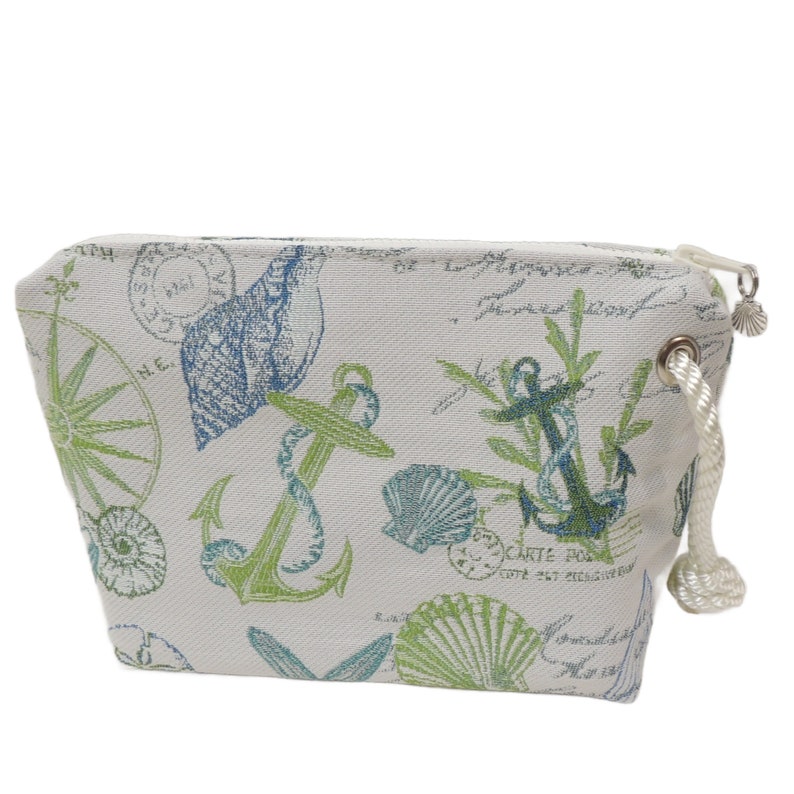Cosmetic Bag, Blue and Green Nautical Fabric, Wristlet Purse, Makeup