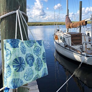 Nautical Beach Bag Tote, Outdoor Canvas Fabric with Blue and Green Seashells, Lined with Sailcloth