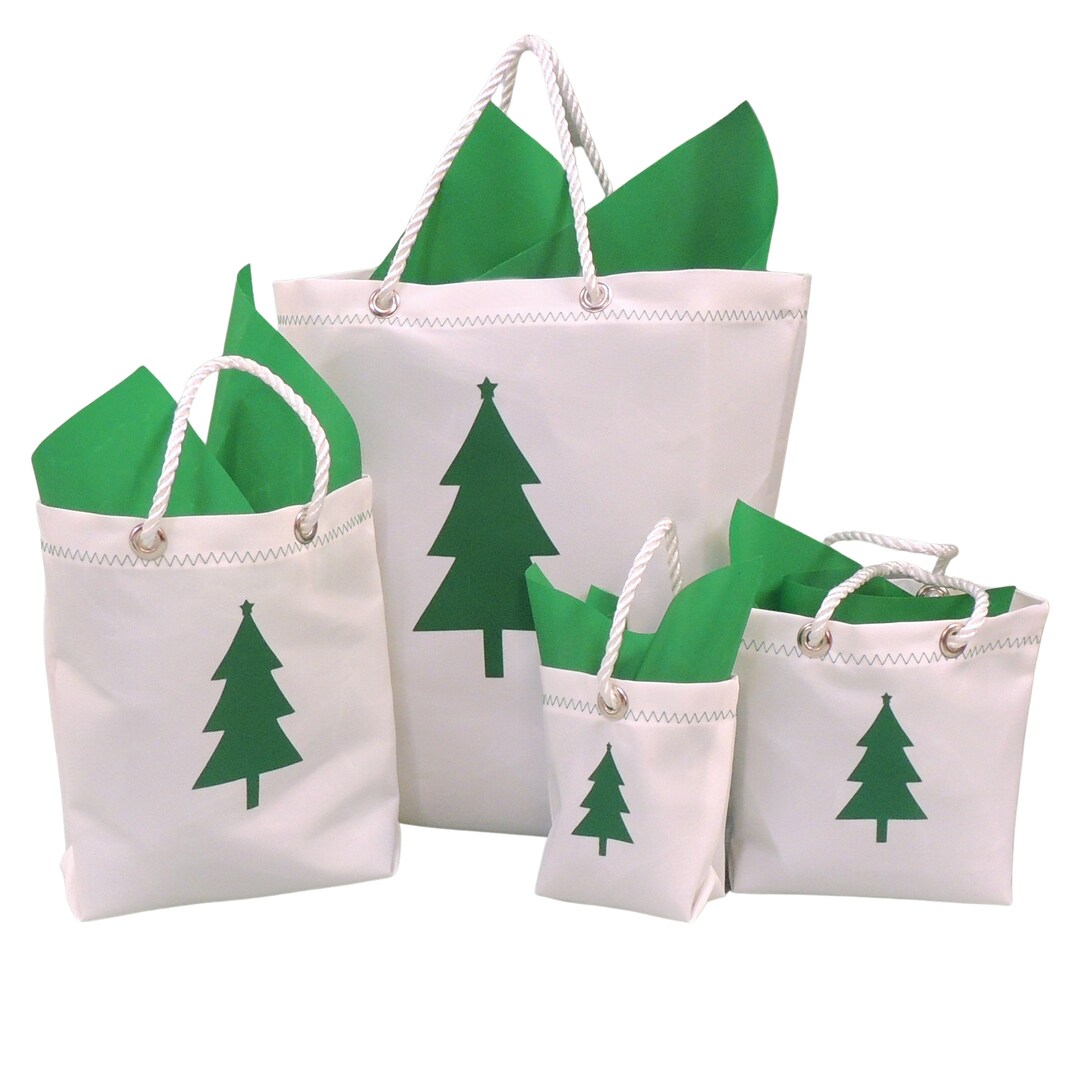 Reusable Sailcloth Gift Bag, Green Christmas Tree Design, Christmas Wrapping, Eco Friendly